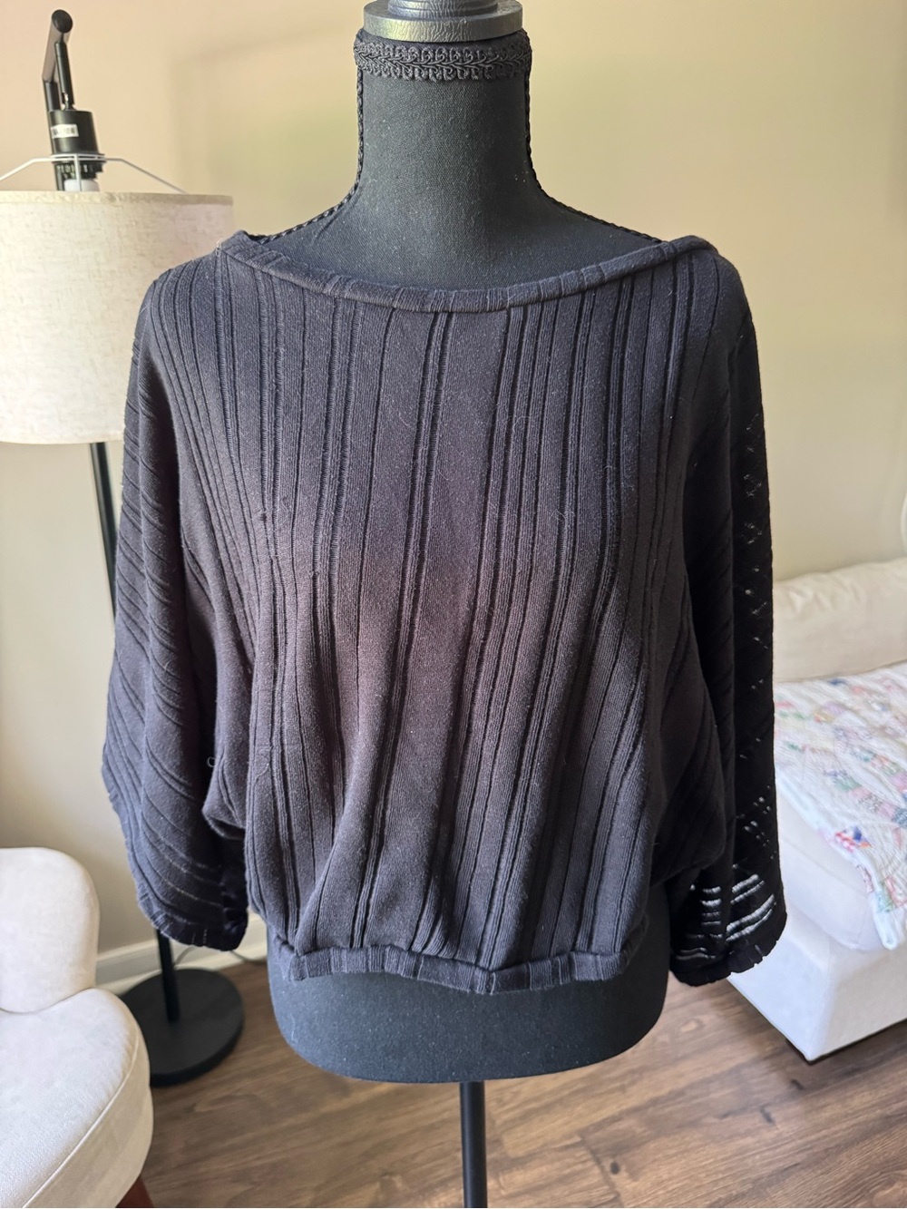 Pleione Black Ribbed Knit Scoop Neck Top